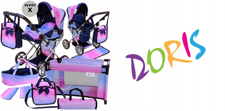 Wózek dla lalek spacerówka głeboki ZESTAW ŁÓŻECZKO POŚCIEL TORBA PRZEWIJAK