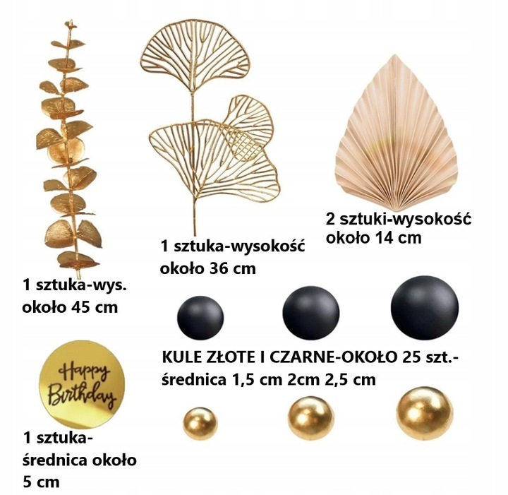 DEKORACJA TOPPER NA TORT ZŁOTE CZARNE KULE MIX NA PIKU WACHLARZE LIŚCIE