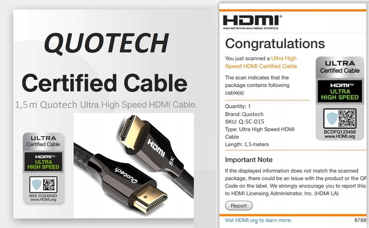 Kabel HDMI 2.1 8K Ultra High Speed QUOTECH 1.5m