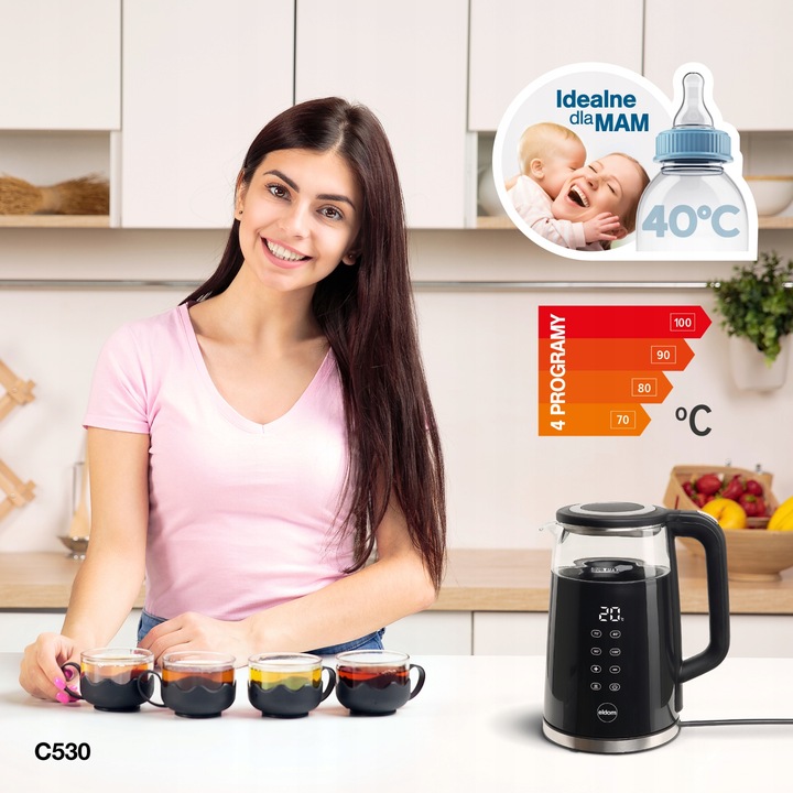 CZAJNIK ELEKTRYCZNY BEZPRZEWODOWY SZKLANY 1,7l C530 REGULACJA