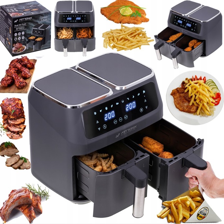 FRYTKOWNICA BEZTŁUSZCZOWA PODWÓJNA AIR FRYER 8L 2800W DWUKOMOROWA