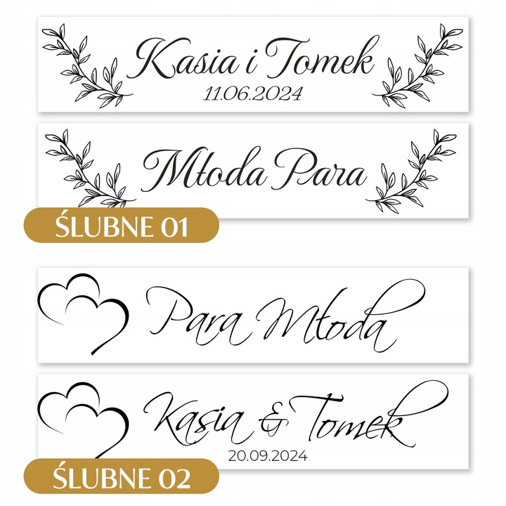 Tablice samochodowe na wesele 50x11cm złote czarne napisy ŚLUB WESELE WZORY