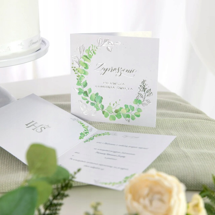 ZAPROSZENIA NA KOMUNIE komunijne + KOPERTY białe eukaliptus dla gości 10szt