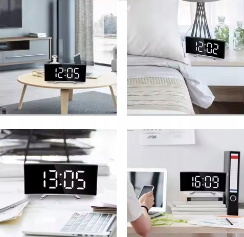 BUDZIK ZEGAR ELEKTRONICZNY DUŻY WYŚWIETLACZ LUSTRO LED TERMOMETR DATA