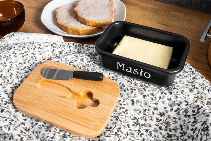 MASELNICZKA POJEMNIK METALOWY Z POKRYWKĄ NA MASŁO Z NOŻEM BAMBUS