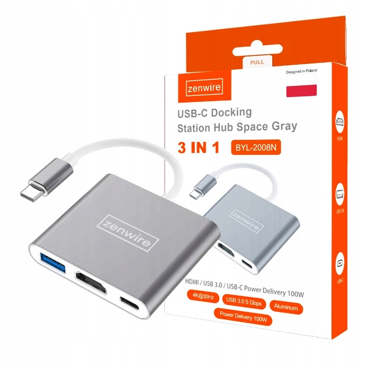 Adapter Przejściówka ZENWIRE 3w1 MHL HUB USB C HDMI 4K do MacBook Samsung