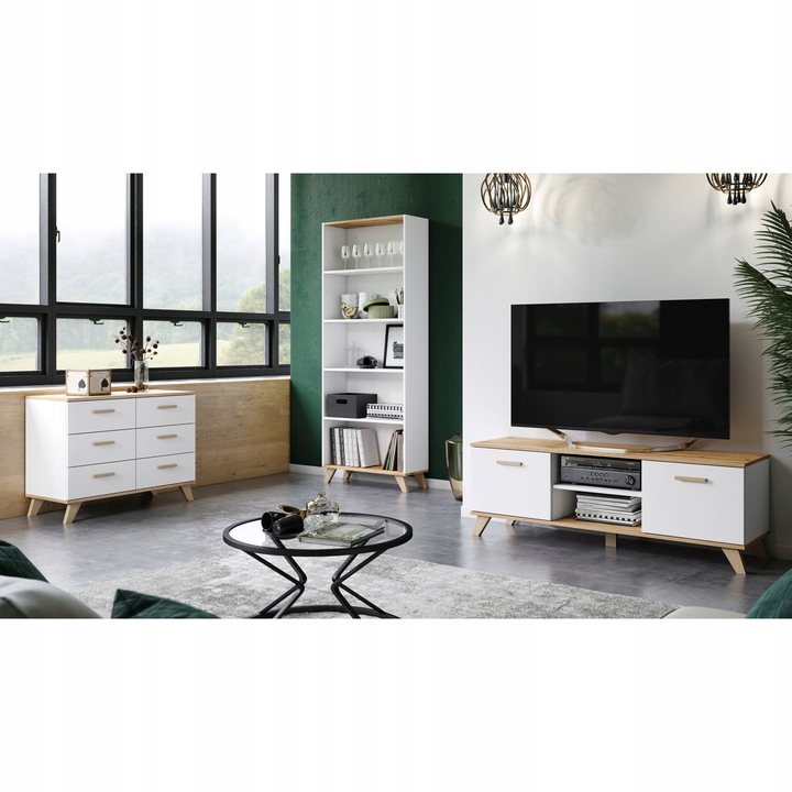 Szafka RTV 150cm Komoda pod telewizor TV Dąb Wotan Biała Stojąca na