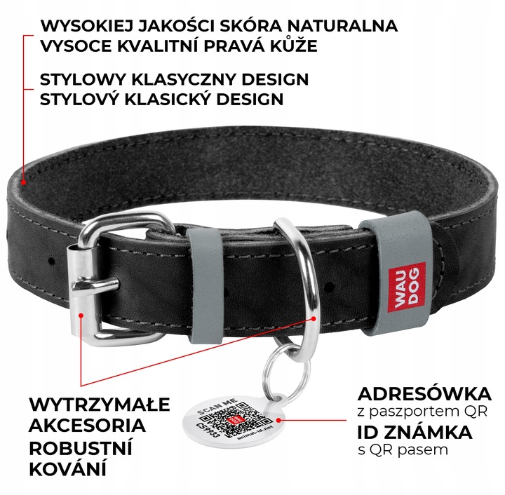 Obroża dla psa skórzana WAUDOG Classic z paszportem QR, rozmiar L