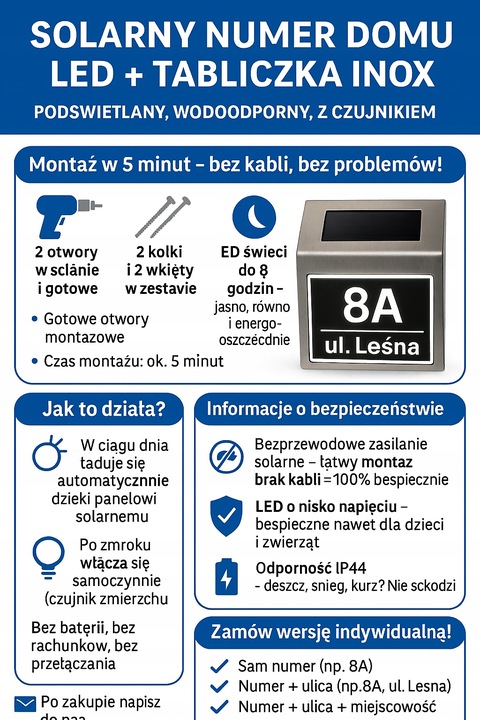 Solarny Numer Domu LED + Tabliczka INOX – Podświetlany, stal