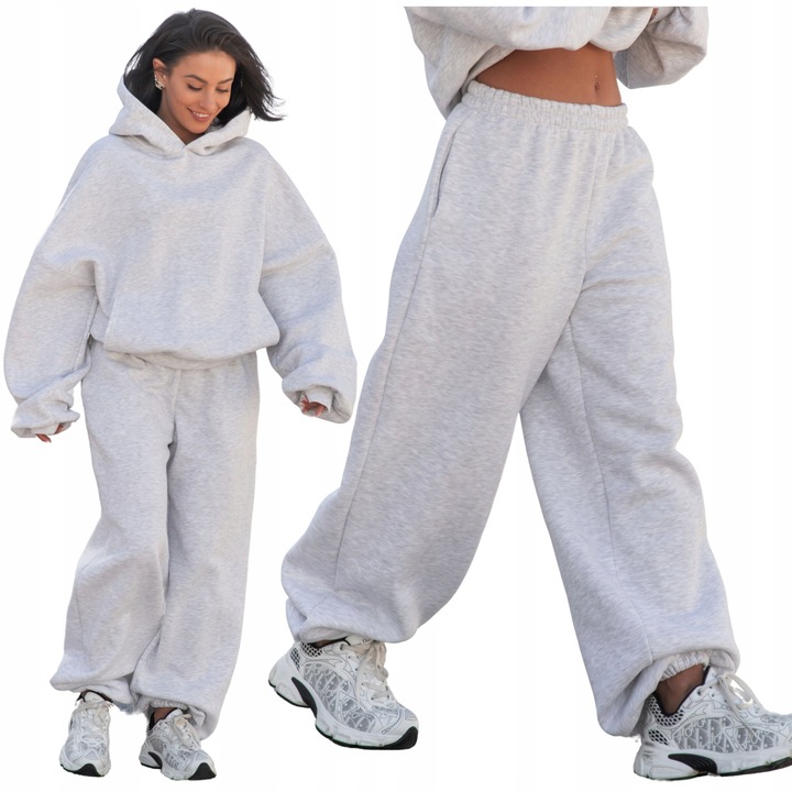 Spodnie dresowe bawełniane damskie baggy szerokie oversize szary melanż