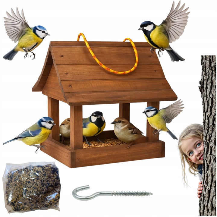 Karmnik dla ptaków + ziarno pokarm duży drewniany budka solidny XXL