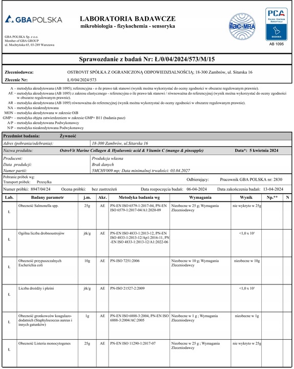 OstroVit Kolagen Morski RYBI TYP I Kwas Hialuronowy Witamina C 500 g