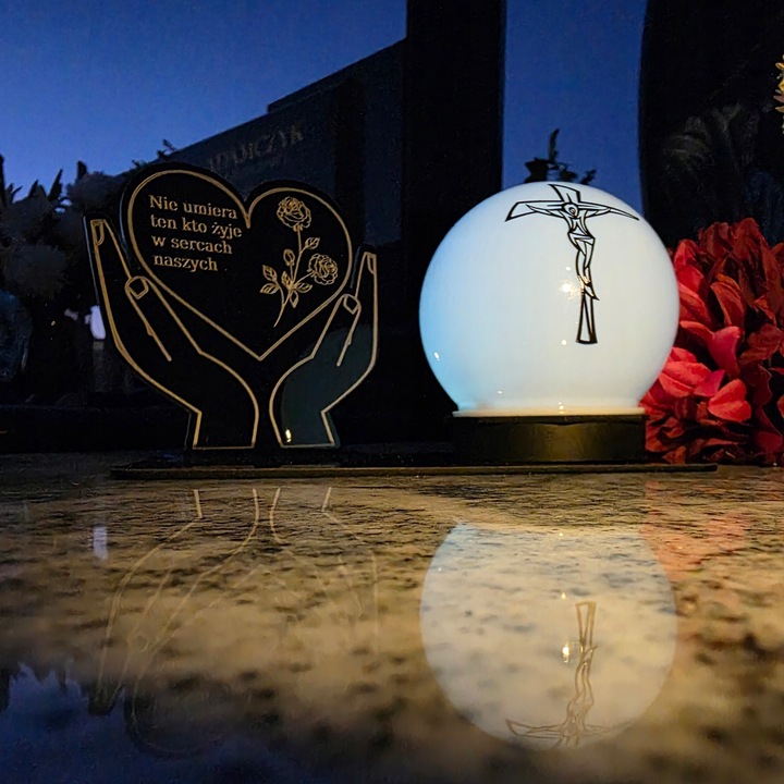 ZNICZ z Kulą Solarną na Grób STATUETKA LED NA CMENTARZ Wieczny Szkło Akryl
