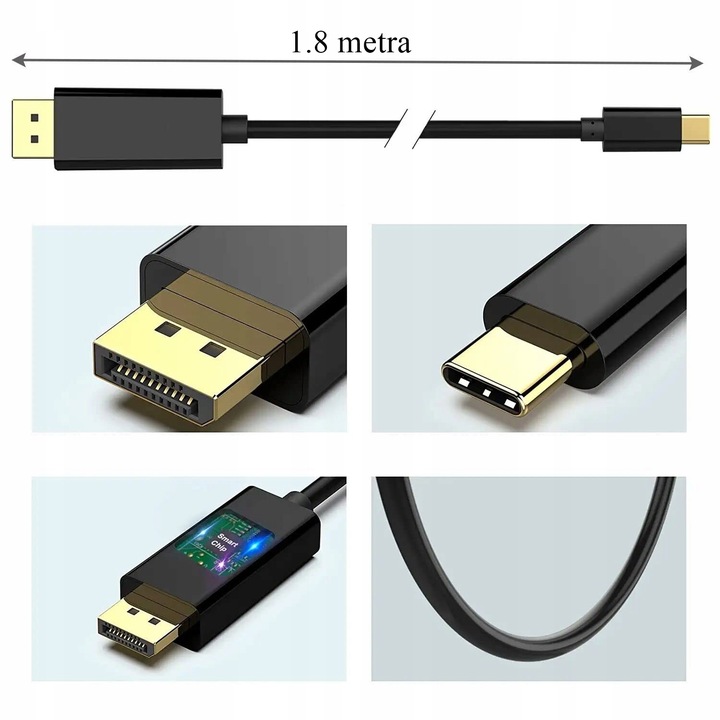 Kabel USB C do Display port Przejściówka adapter DP 4K Thunderbolt 1,8M