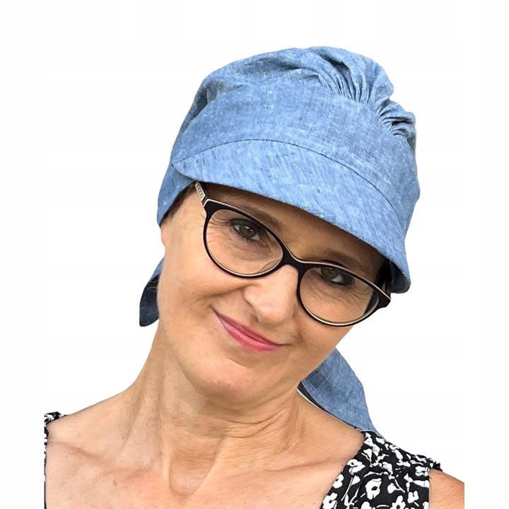 Chusta z daszkiem Tess jeans len czapka marszczona także po chemioterapii