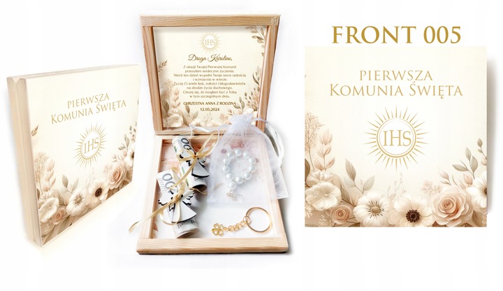 Pamiątka Komunii Świętej PREZENT Na Komunię Różaniec Brelok Pudełko