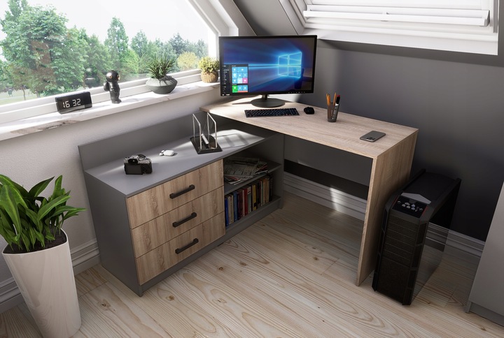 Funkcjonalne biurko narożne Omega - 3 szuflady - grafit / dąb artisan