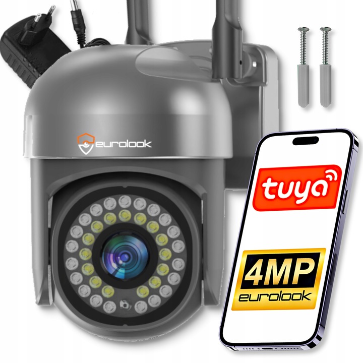 Zewnętrzna Kamera WiFi Obrotowa 4MPx Tuya SMART Bezprzewodowa SZARA CZARNA