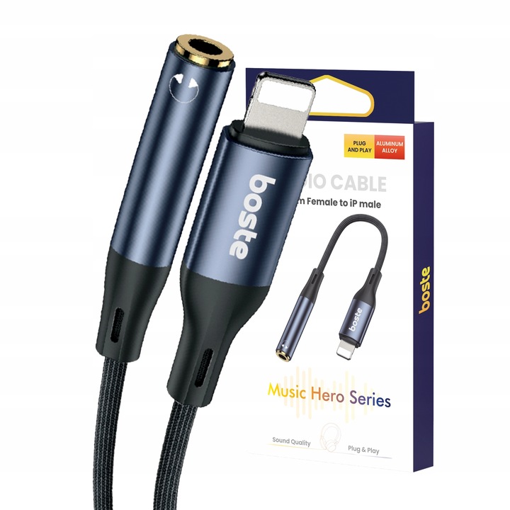 BOSTE ADAPTER PRZEJŚCIÓWKA AUDIO LIGHTNING DO IPHONE - MINI JACK AUX 12CM