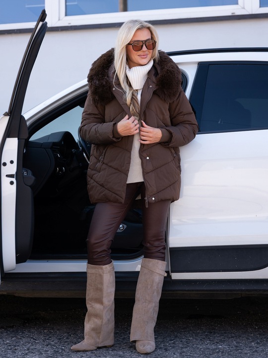 LEXI Klasyczna Luźna KURTKA Damska Pikowana Kaptur Z Futerkiem