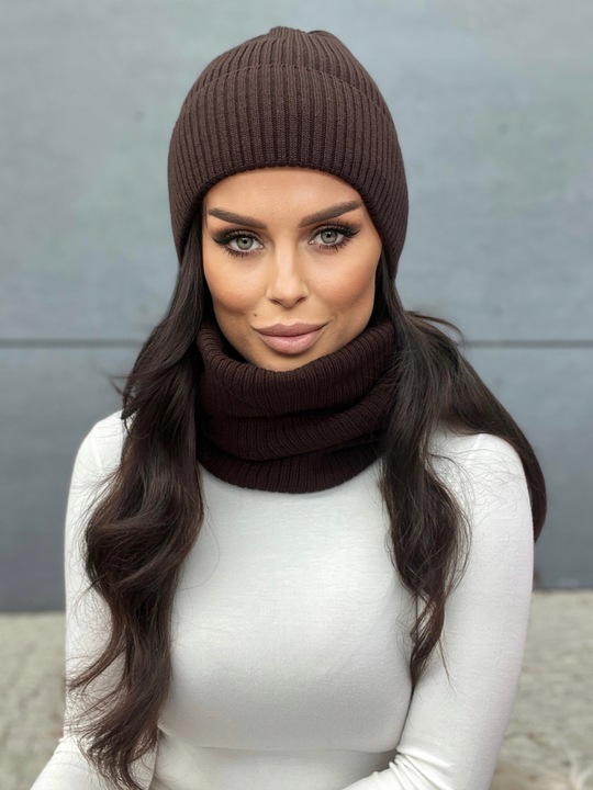 KOMPLET DAMSKI CZAPKA BEANIE KOMIN GOLF TUBA DUŻY ZESTAW BRĄZOWY