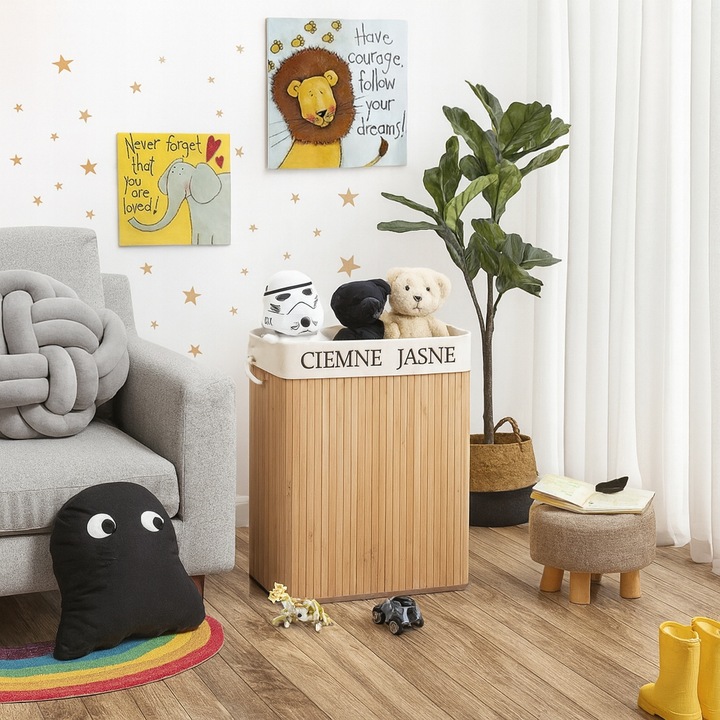 KOSZ BAMBUSOWY NA PRANIE BIELIZNĘ ZAMYKANY DWUKOMOROWY POJEMNIK WĄSKI 100L