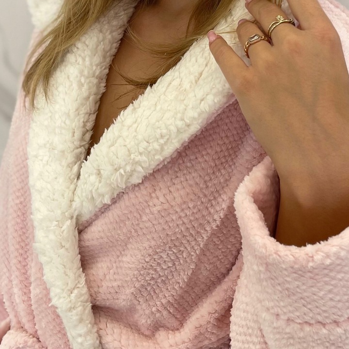 Szlafrok Damski Ciepły Miękki Gruby z Kapturem Uroczy Polarowy M Różowy