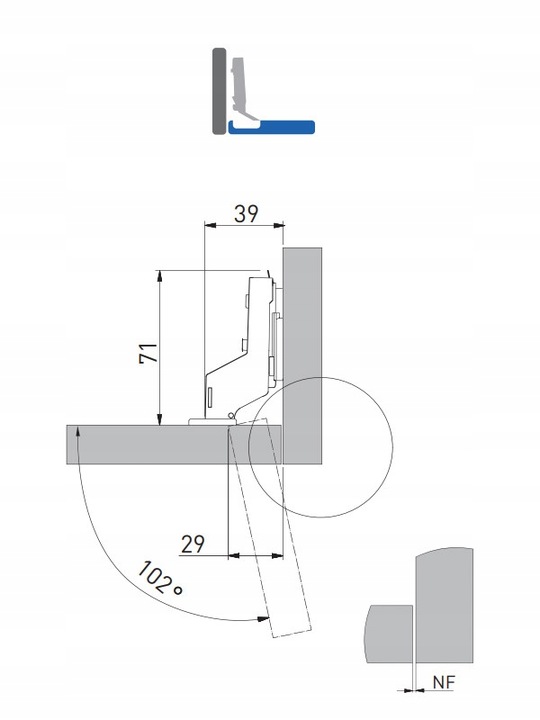 Zawias Meblowy GTV SOLID PLUS wpuszczany, cichy domyk + prowadnik -10