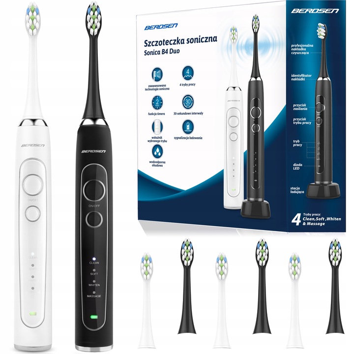 2x SZCZOTECZKA SONICZNA ELEKTRYCZNA DO ZĘBÓW ZESTAW BERDSEN DUO 6