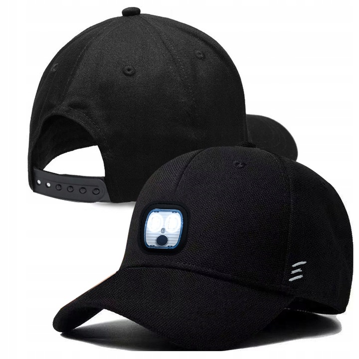 CZARNA CZAPKA Z DASZKIEM Z LATARKĄ USB POCZWÓRNE MOCNE DIODY LED WEBSKI