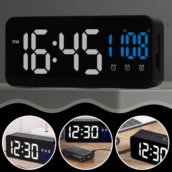 BUDZIK ELEKTRONICZNY ZEGAR LED CYFROWY STOJĄCY TERMOMETR ALARM DATA + USB