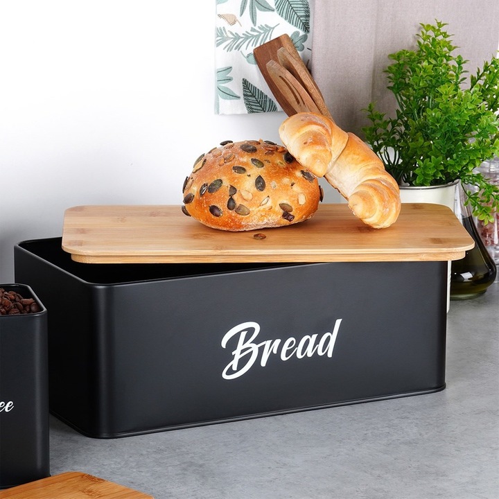 Chlebak CZARNY metalowy bambusowy pojemnik kuchenny na pieczywo chleb
