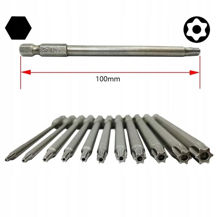 11X DŁUGIE BITY TORX KLUCZE - ZESTAW BITÓW 100mm T6 T15 T20 T25 T27