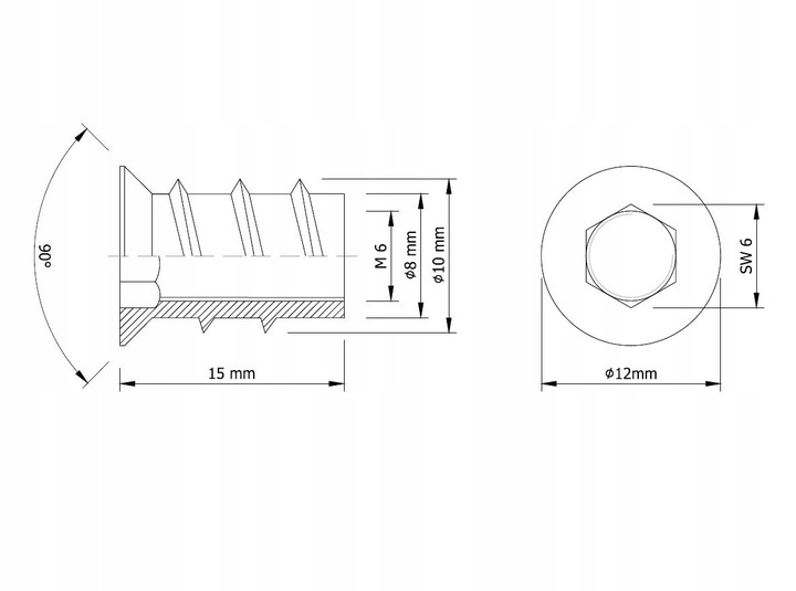 100x Mufa M6x 15 dwugwintowa wkręcana z kołnierzem wpustka wkręt do