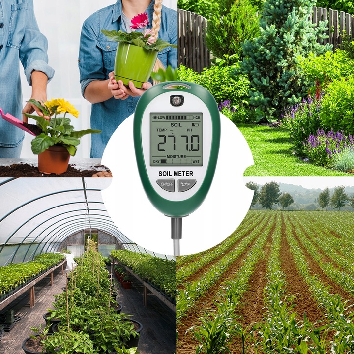 TESTER PODŁOŻA GLEBY PH WILGOTNOŚĆ NASŁONECZNIENIE TEMPERATURA 4w1