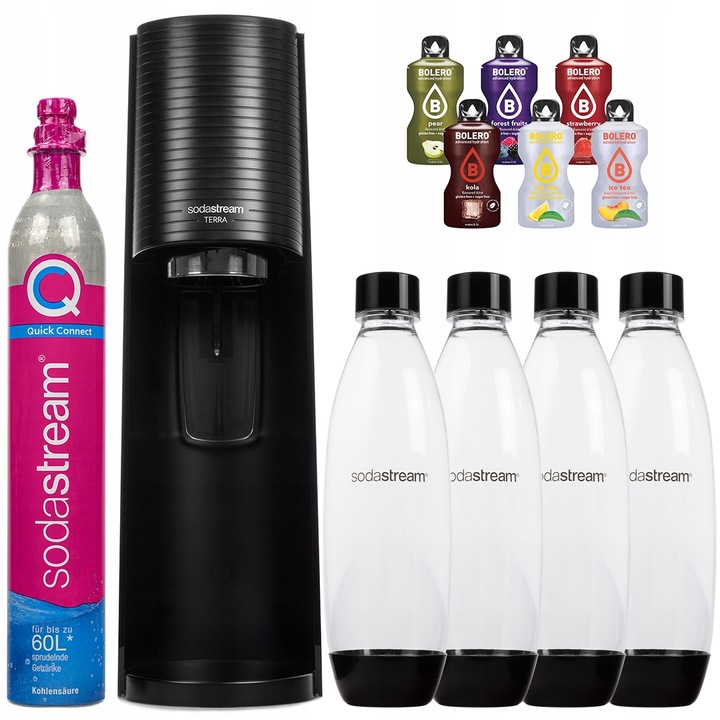 ZESTAW DO WODY SATURATOR SODASTREAM TERRA BLACK 4 BUTELKI + 6x NAPOJE
