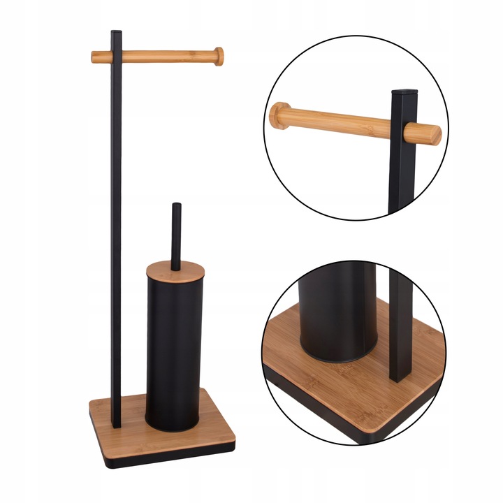 Stojak uchwyt wieszak na papier toaletowy i szczotkę do WC czarny bambus