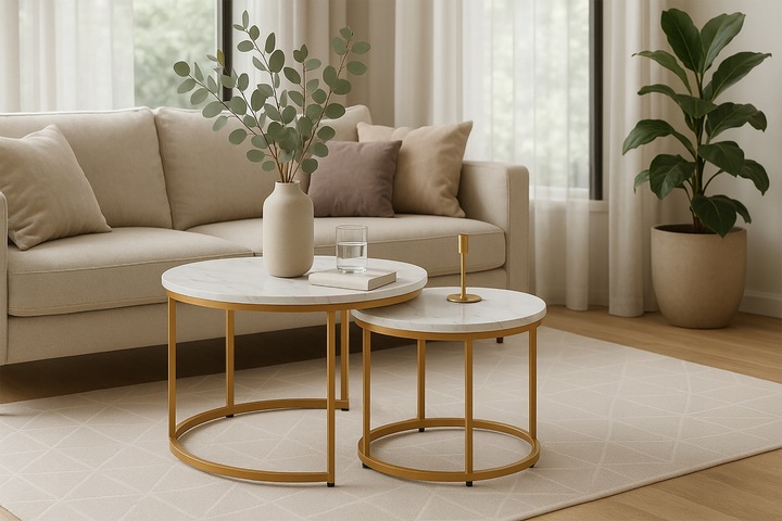 STOLIKI KAWOWE ZESTAW 2w1 ROZKŁADANE DO SALONU GLAMOUR MARMUR BIAŁY