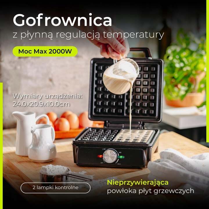 GOFROWNICA 2000W XXL 2 Duże Gofry Regulacja Temperatury NON-STICK