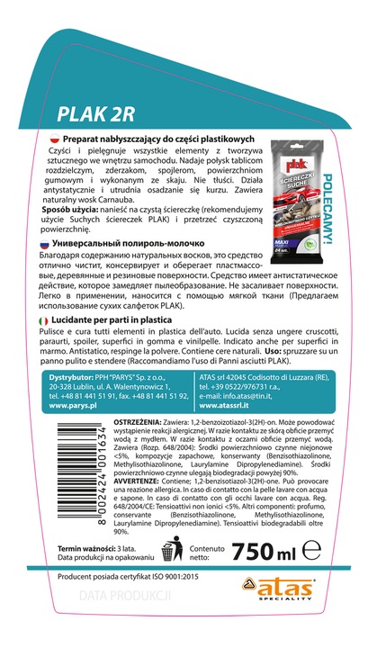 PLAK 2R do konserwacji plastikow wew. samochodu 750ml atomizer z woskiem ca