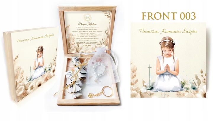 Pamiątka Komunii Świętej PREZENT Na Komunię Różaniec Brelok Pudełko