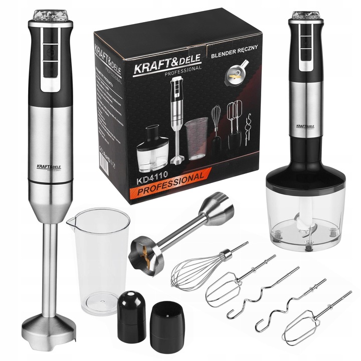 MOCNY BLENDER WIELOFUNKCYJNY MIKSER RĘCZNY 1500W SREBRNY LED AKCESORIA