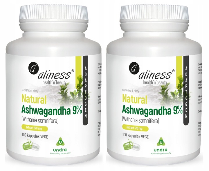 Zestaw Natural Ashwagandha extract 570 mg 9% 200 kapsułek Vege ALINESS