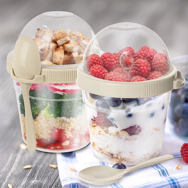 2x Pojemnik LUNCHBOX pudełko na jogurt musli owoce sałatkę + sztućce