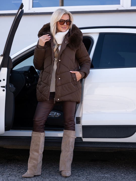 LEXI Klasyczna Luźna KURTKA Damska Pikowana Kaptur Z Futerkiem