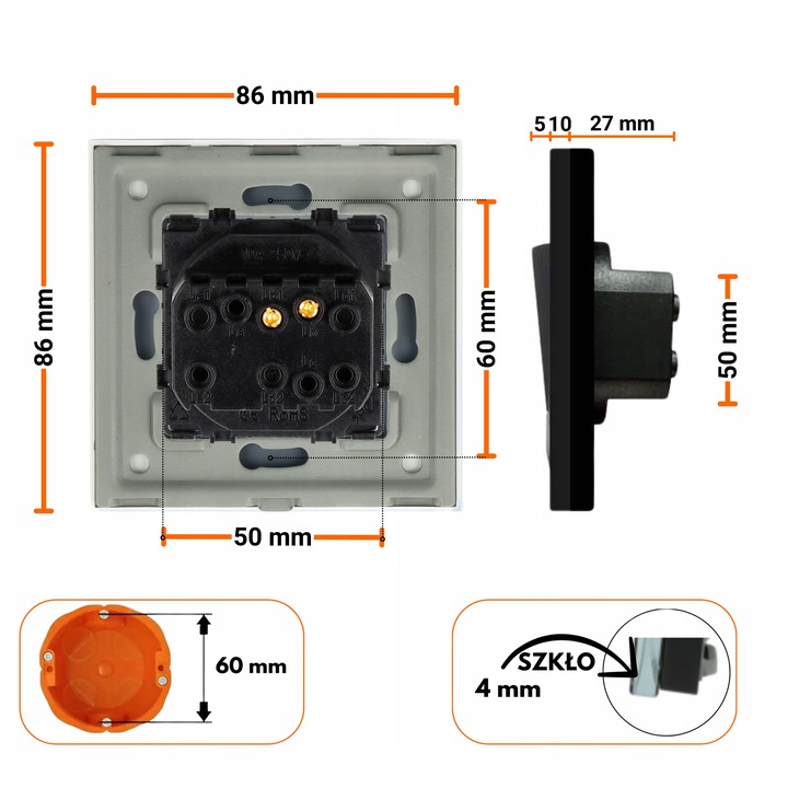 WŁĄCZNIK WYŁĄCZNIK ŚWIATŁA SZKLANY POJEDYNCZY PRZEŁĄCZNIK CZARNY