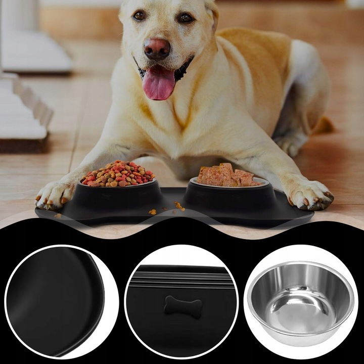 PODWÓJNA MISKA DLA PSA KOTA ANTYPOŚLIZGOWA + PODKŁADKA POD MISKI 2x450 ml