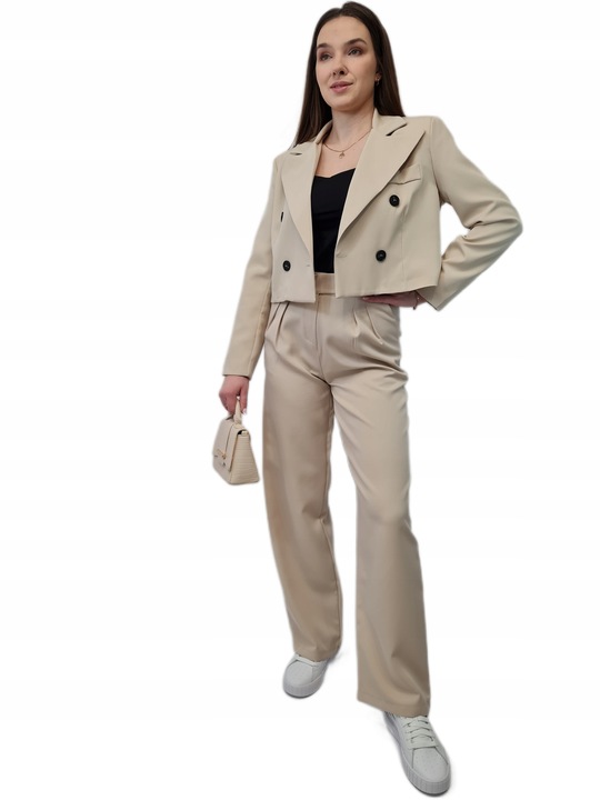 Modna MARYNARKA KRÓTKA Beżowa, Nowoczesny Żakiet Damski do Garnituru, r. L