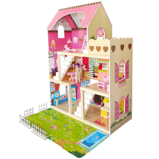 DUŻY DREWNIANY DOMEK DLA LALEK MEBLE + LALKI + LED