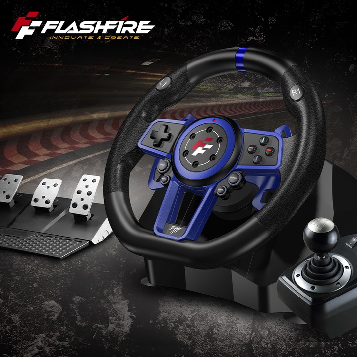 F111 FLASHFIRE Kierownica 900° PC/PS5/Switch z wibracjami 3 pedały 6 biegów